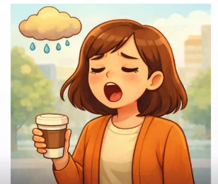 Ilustración caricatura de mujer bostezando con café en la mañana después de dormir mal