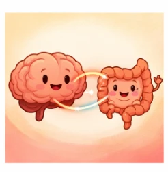 Ilustración caricatura mostrando la conexión entre el cerebro y el sistema digestivo