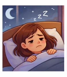 Ilustración caricatura de mujer acostada sin poder dormir durante la noche mostrando cansancio emocional