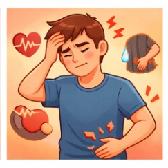 Ilustración caricatura de persona mostrando síntomas físicos del estrés en el cuerpo