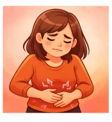 Ilustración caricatura de persona con estrés tocándose el estómago mostrando malestar digestivo