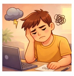 Ilustración caricatura de hombre cansado y frustrado trabajando en su computadora por falta de sueño