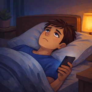 Persona en la cama con la mente activa durante la noche y dificultad para descansar mentalmente