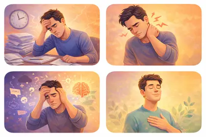 Ilustración tipo caricatura de personas abrumadas representando qué es el estrés en la vida diaria.