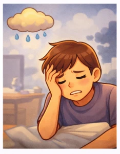 Ilustración caricatura de persona cansada mostrando cómo la tensión corporal influye en el estado de ánimo y la mente