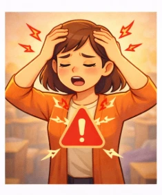 Ilustración caricatura de mujer mostrando tensión corporal causada por estrés diario con expresión de preocupación