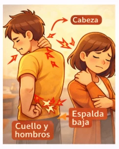 Ilustración caricatura señalando cabeza, cuello, hombros y espalda baja como zonas donde se acumula la tensión por estrés