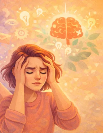 Ilustración caricatura mostrando cómo el estrés afecta la mente con pensamientos desordenados.